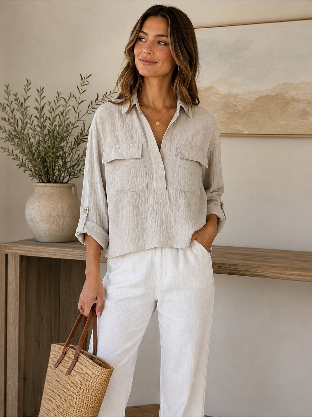 Max Studio London Blouse – Size Large – Beige Textured Utility Style